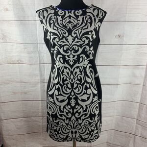 Julian Taylor Dress Pencil knit 10 Large gray black blue zipper art deco stretch